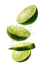 Fresh lime slices in mid-air, water droplets
