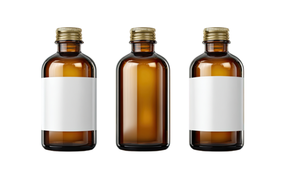 Three amber glass bottles, each with a gold-toned cap and a blank white label