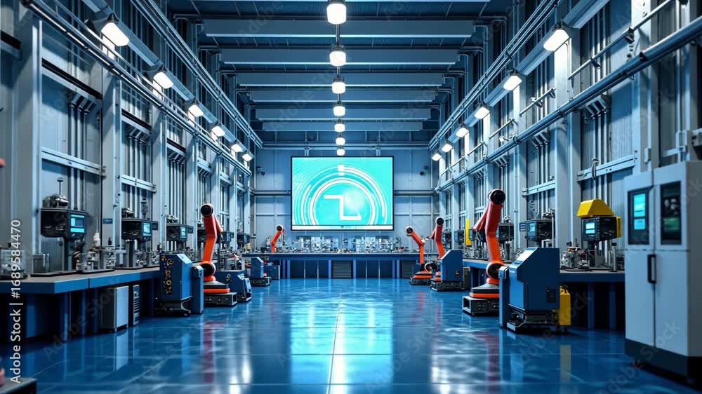 Poster large industrial space with robots and a large screen. the robots are orange and the screen is blue
