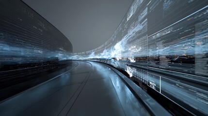 Abstract futuristic tunnel with data streams and digital display screens on the walls around it