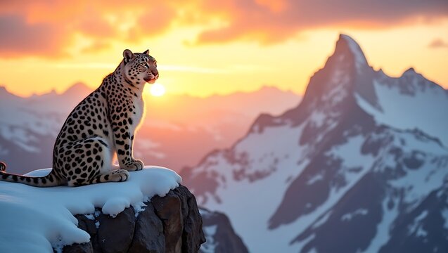 Majestic leopard surveys snowy mountain peaks at sunset - Powered by Adobe