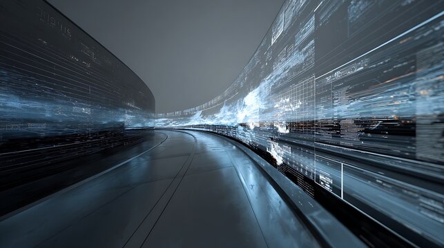 Abstract futuristic tunnel with data streams and digital display screens on the walls around it