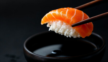 Salmon nigiri held by chopsticks above soy sauce, dark background