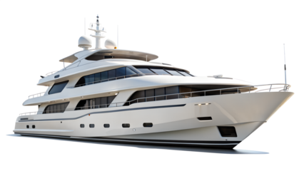 Elegant white yacht isolated on transparent background, featuring its spacious decks, modern design, and sophisticated navigation system in a detailed view