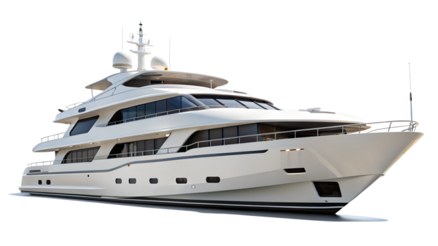 Elegant white yacht isolated on transparent background, featuring its spacious decks, modern design, and sophisticated navigation system in a detailed view