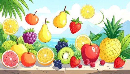 Vibrant fruit display against a tropical backdrop