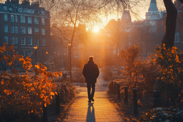 Fototapeta premium Man walking on street at sunset.