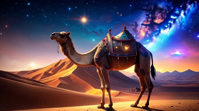 A Majestic Camel in the Desert Under a Stunning Night Sky with Vibrant Colors and Stars
