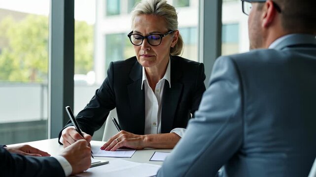 Businessmen sitting at desk headed by middle aged serious concentrated female in eyeglasses checking agreement document before signing it. Financial director ready affirm official.