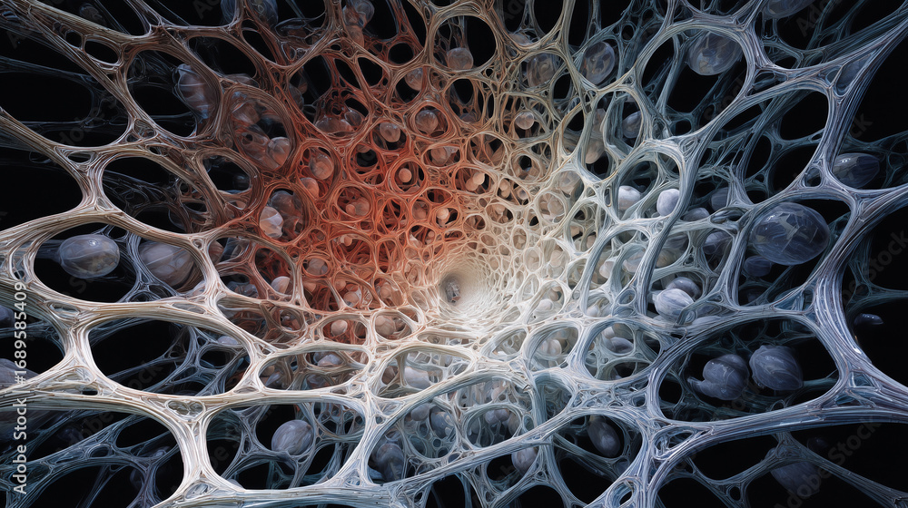 Poster Abstract 3D structure with intricate web pattern and glowing center  