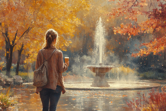 Woman walking by fountain in park.