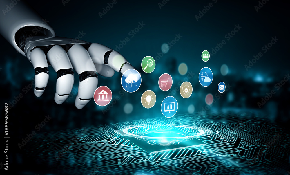 Aufkleber ai assists in organizing and visualizing a digital ecosystem of business icons to represent key serv