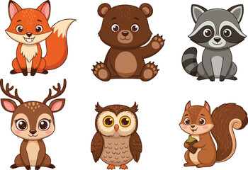 Cartoon Forest Animals with Smiling Faces – Cute Vector Set for Kids, Education, Clipart, Posters, Nature Themes, and Learning Materials