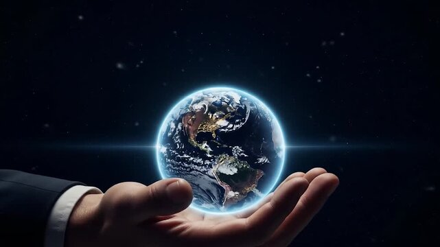 Earth globe gently held in a businessman's hand against a dark, starry cosmos, symbolizing power, responsibility, and global business reach with a luminous glow.