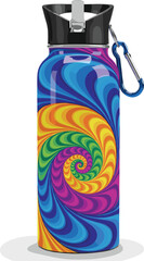 Colorful psychedelic spiral water bottle with vibrant swirling pattern, outdoor gear design, artistic hydration accessory for travel, camping, and fitness.