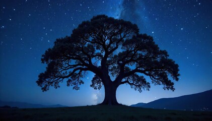 Silhouette of a majestic oak tree against a starlit night sky, branches reaching towards the heavens  Perfect for dark nature, fantasy, or mystical themes  ,  universe,  shadows,  dark sky