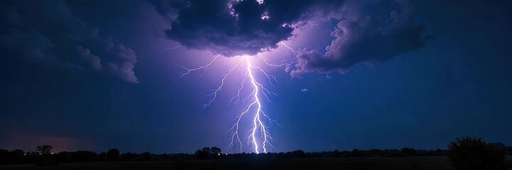 Dramatic image of a powerful lightning bolt striking the ground during a violent thunderstorm, illuminating the dark night sky with bright, jagged light , awesome, beautiful