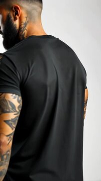 Brutal attractive bearded biker man with tattooed hands poses backside in black blank t-shirt from premium thin cotton, isolated on white mockup studio background.