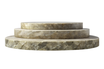 A threetiered stone pedestal isolated on transparent background, a platform used for displaying objects or statues in a museum or gallery setting