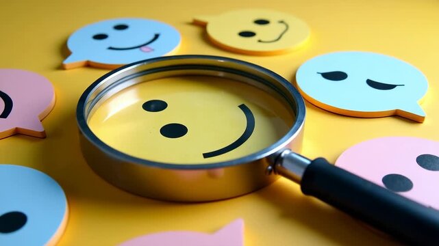 Customer review satisfaction feedback survey concept to gather insights and improve its services. A magnifying glass focuses on smile face among different feedback emoticons on yellow background.