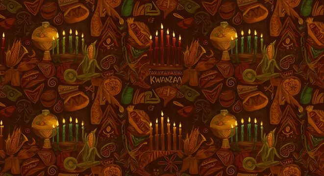 Festive Kwanzaa Celebration Pattern with Kinara and Fruits.