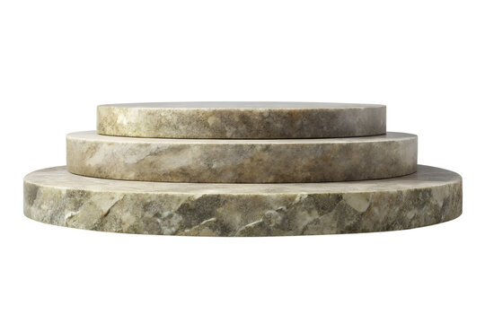 A threetiered stone pedestal isolated on transparent background, a platform used for displaying objects or statues in a museum or gallery setting