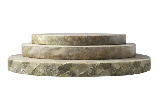 A threetiered stone pedestal isolated on transparent background, a platform used for displaying objects or statues in a museum or gallery setting