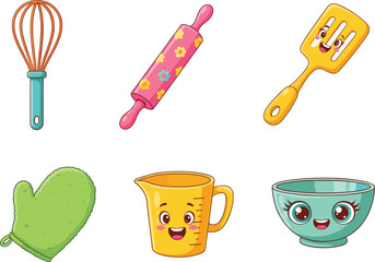 Cartoon Kitchen Utensils with Smiling Faces – Whisk, Rolling Pin, Spatula, Oven Mitt, Measuring Cup, Bowl – Fun Vector for Kids