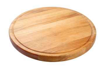 Classic round wooden cutting board isolated on transparent background, ideal for culinary use, serving appetizers, or as a decorative kitchen accent
