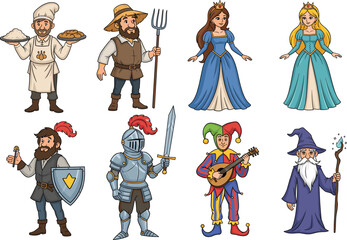 Cartoon medieval fantasy characters set with princess, knight, wizard, warrior, jester, chef, peasant, vector illustration for stock content