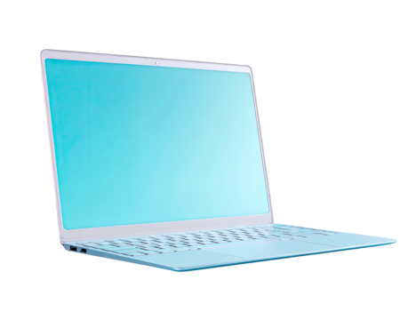 Light teal laptop angled slightly right, showing a blank screen