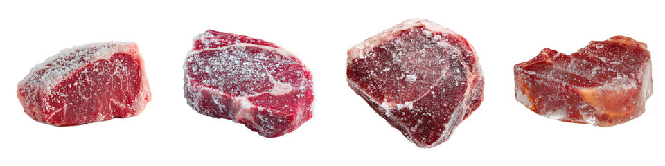 Frozen meat cuts assorted beef steaks on transparent background