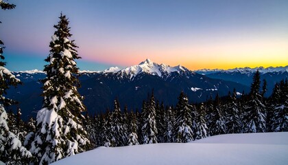 Snowy mountain vista at dawn