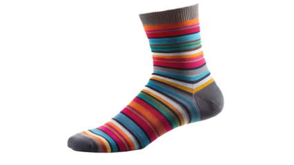 Striped sock isolated on transparent background, showcasing colorful fashion accessory, perfect for apparel and textile advertising, promoting comfort and style