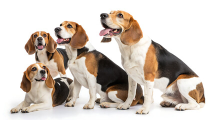 A group of five beagle dogs posing together on a white background in a studio setting looking happy