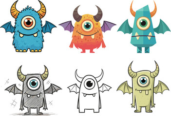 Cartoon One-Eyed Monsters with Wings and Horns – Cute Fantasy Creatures in Colorful Styles for Kids, Halloween, and Design Projects