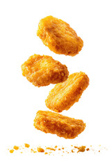 Four golden-brown chicken nuggets, piled vertically, suspended in mid-air above a bed of crumbs