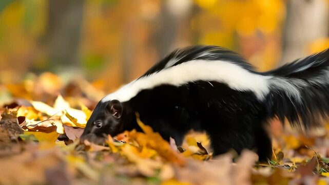 Skunk in an Autumn Forest: Wildlife Footage of a Striped Skunk in the Fall Season