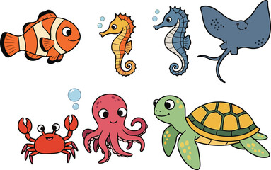 Cartoon sea animals vector set with clownfish, seahorses, stingray, crab, octopus, turtle in cute colorful style for children content
