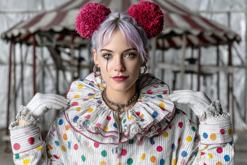 Colorful female clown with dramatic makeup and polka dot costume posing in front of vintage circus tent, wearing pom-pom hair accessories and ruffled collar in theatrical style