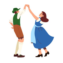 Couple in traditional Bavarian attire dancing joyfully wearing dirndl and lederhosen flat style ideal for Oktoberfest ads festival invitations and cultural event graphics