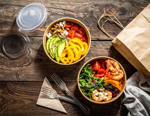 Healthy takeaway bowls on rustic wood table with avocado, tomato, bell pepper, walnuts, feta, dragon fruit, shrimp, salad, dressing, fork, and napkin.