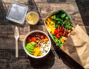 Healthy takeaway bowls on rustic wood table with avocado, tomato, bell pepper, walnuts, feta, dragon fruit, shrimp, salad, dressing, fork, and napkin.