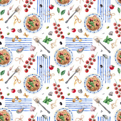 Watercolor seamless Mediterranean food pattern with pasta, tomatoes, basil, olives and seafood