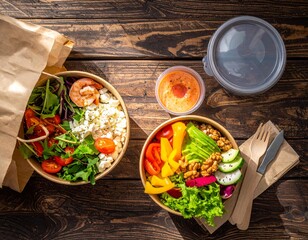Healthy takeaway bowls on rustic wood table with avocado, tomato, bell pepper, walnuts, feta, dragon fruit, shrimp, salad, dressing, fork, and napkin.