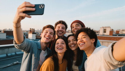 Group of friends taking selfie and smiling outdoors on rooftop  
