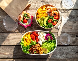 Healthy takeaway bowls on rustic wood table with avocado, tomato, bell pepper, walnuts, feta, dragon fruit, shrimp, salad, dressing, fork, and napkin.