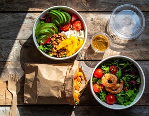 Healthy takeaway bowls on rustic wood table with avocado, tomato, bell pepper, walnuts, feta, dragon fruit, shrimp, salad, dressing, fork, and napkin.