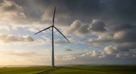Obraz premium A solitary wind turbine stands tall in a green field under a dramatic cloudy sky