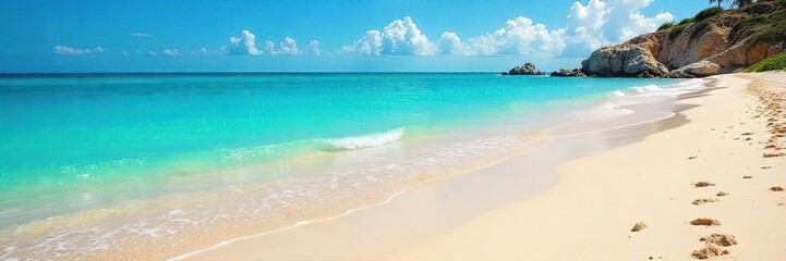 Fototapeta premium A vibrant summer beach scene, sun-kissed sand, clear blue water, inviting waves lapping the shore, perfect for relaxation and carefree enjoyment , joy, coast